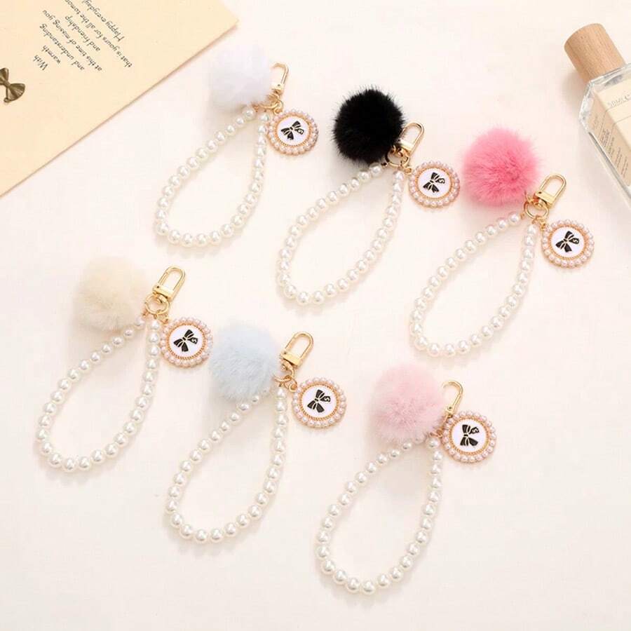 Faux Pearl Beaded Pom Pom Bag Charm, Cute Bow Decor Keychain & Handbag Pendant Accessory - Multicolor - View 1