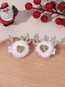 2Pcs Christmas Reindeer Antler Hair Clips Hair Clips For Girls Flower Girl Heart Pom Pom Decor Wrapped Alligator Clips Party Hair Accessories For Kids - Multicolor - View 11