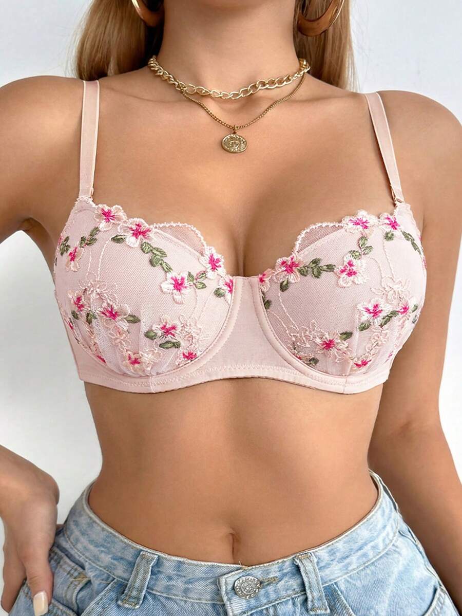 1pc Women's Pink French Sexy Lace Embroidered Underwire Push-Up Lift Bra, Comfortable Anti-Sagging Bra - Pink - View 1