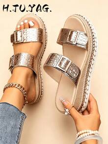 Summer Formal Thick Platform Beach Wedge Sandals, Roman Style Rivet Bohemian Design, Comfortable Casual Elegant Flat Shoes - Gold - View 2