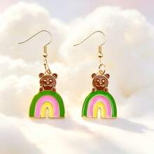1 Pair Sweet Colorful Oil Drop Rainbow Bear Metal Pendant Earrings, Versatile Personalized Dangle Earrings/Ear Clips/Ear Hoops - Multicolor - View 11
