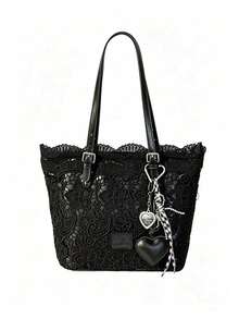 Tote Bag, Exquisite Lace Trim Outlining The Bag Opening Edge, Three-Dimensional Floral Pattern Design With Strong Atmosphere, Adjustable Shoulder Strap Allows You To Change Carrying Length At Will. Paired With Heart Pendant Decor To Add Lively Details, Spacious Interior Provides Ample Storage Space, Suitable For Shopping, Travel, Daily Commute, Easily Creating A Gentle And Romantic Outfit Effect. - Black - View 3