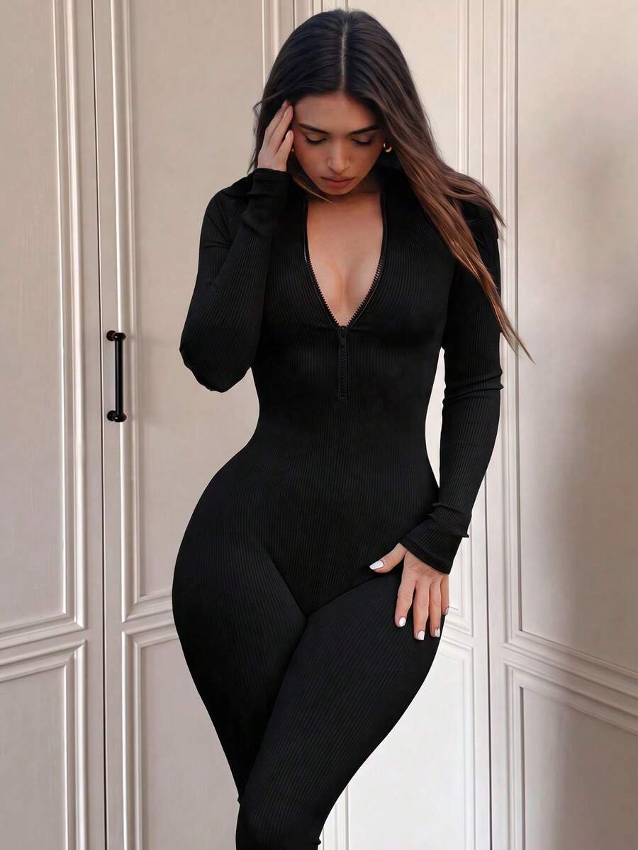 Mystra Women's Casual Contrast Ribbed Zip-Up Jumpsuit Black Spring Elegant - Black - View 1