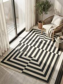1pc Black And White Geometric Striped Modern Minimalist Style Area Rug, Made Of Faux Cashmere Material, Rectangular Shape, High-Definition Digitally Printed Concentric Rectangle Pattern, Machine Washable, Suitable For Living Room And Bedroom, Everyday Home Decor, And Aesthetic Home Decor. - Multicolor - View 5