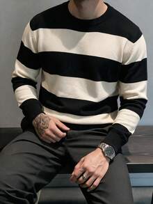 Men's Crew Neck Knit Sweater, Vintage Nautical Style Casual Pullover - Blue - View 2