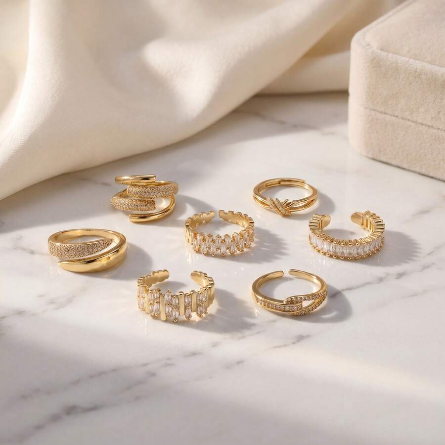 7pcs Mixed Design Open Ring Set, Sparkling Rectangular & Round Cubic Zirconia Stackable Adjustable Rings, Women's Fashion Personalized Jewelry, Suitable For Daily Wear And Party Occasions, Versatile Accessories For Dates, Weddings And Everyday Outfits - Gold - View 1
