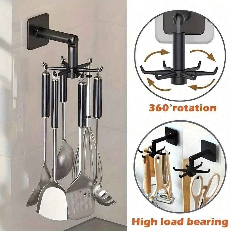 2pcs 360° Rotating Kitchen Hooks, No-Drill Under Cabinet Storage Rack, Foldable Wall-Mounted Shelf, Strong Adhesive Load-Bearing, Kitchen Utensil Spatula Spoon Ladle Hanging Rack, Entryway Key Bag Hook, Space-Saving Countertop, Multi-Angle Adjustable, Home Organization Helper - View 1