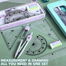 7pcs Student Geometry Drawing Set, Anti-Myopia Scale Compass, Ruler, Triangle Ruler, Protractor, Eraser, Pencil Lead, Portable Metal Storage Box, Exam And Homework Measurement Tools - Multicolor - View 7