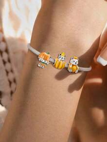 1pc Fluorescent Halloween Pumpkin Cat Bead, Suitable For Women's Bracelet, DIY Jewelry Making, Daily Wear Girls Accessories - Silver - View 2