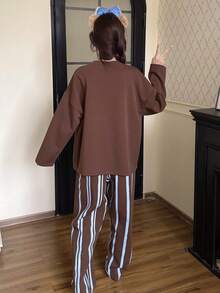 2pcs/Set Women's Spring/Autumn Casual Cartoon Sweat-Absorbent Breathable Round Neck Long Sleeve Long Pants Pajamas Homewear, Fall Clothes For Women - Brown - View 2