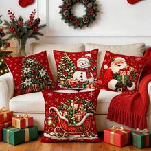 4pcs Classic Red Christmas Pillow Covers, Christmas Tree Snowman Santa Claus Sleigh Gift Print Pattern, Single-Sided Printed Pillow Covers/Cushion Covers, Multi-Scene Atmosphere Decorative Pillow Covers Suitable For Living Room Sofa Bedroom, Pillow Insert Not Included - Multicolor - View 9