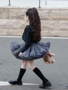 1pc Girls Cute Glamorous Dreamy Sweet Princess Contrast Color Heavy Work Layered Ruffled Tulle Cake Tutu Skirt, Birthday Gift, Christmas, Thanksgiving, New Year Party, Banquet, All Seasons Wear - Dark Grey - View 1