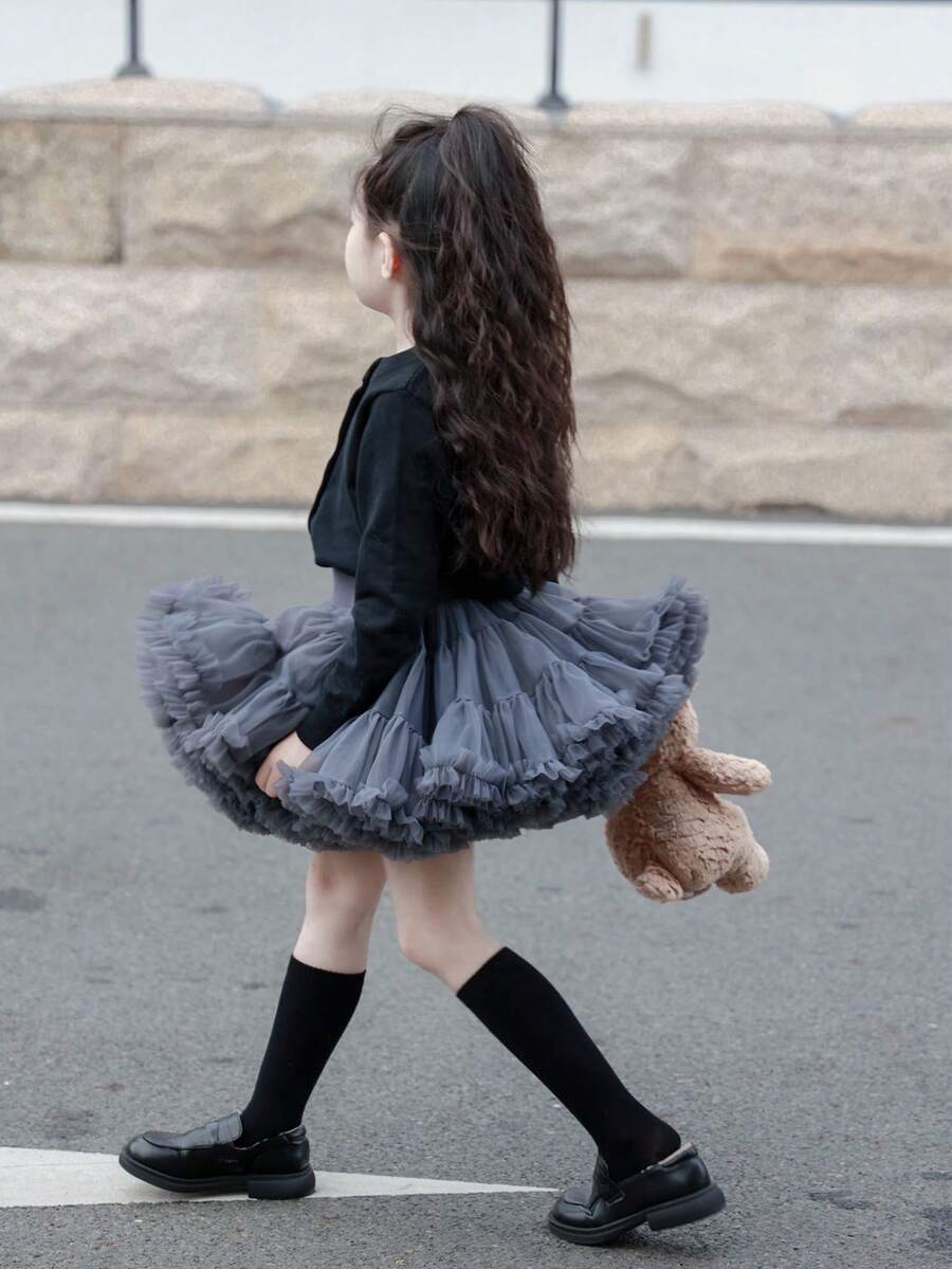 1pc Girls Cute Glamorous Dreamy Sweet Princess Contrast Color Heavy Work Layered Ruffled Tulle Cake Tutu Skirt, Birthday Gift, Christmas, Thanksgiving, New Year Party, Banquet, All Seasons Wear - Dark Grey - View 1