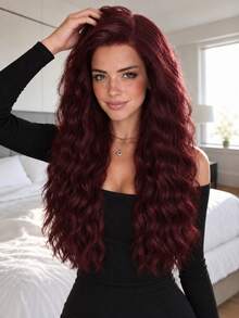 28 Inch 13x4 HD Lace Front Wig Deep Wave Middle Part Long Layered Wavy Wig Gothic Style Afro Fluffy Wig Free Parting Transparent Curly Lace Closure Wig Colorful Glueless Wig Christmas Halloween Fairy Costume - Burgundy - View 1