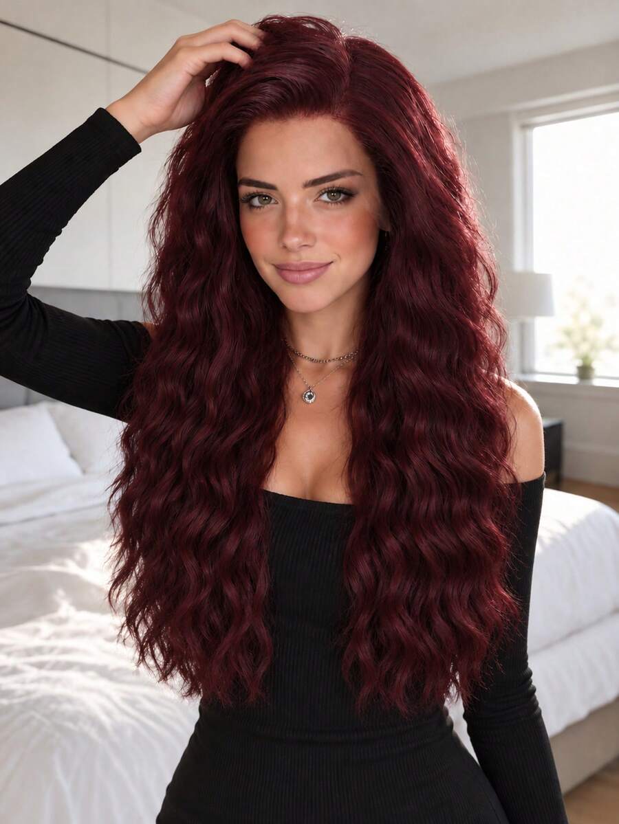 28 Inch 13x4 HD Lace Front Wig Deep Wave Middle Part Long Layered Wavy Wig Gothic Style Afro Fluffy Wig Free Parting Transparent Curly Lace Closure Wig Colorful Glueless Wig Christmas Halloween Fairy Costume - Burgundy - View 1