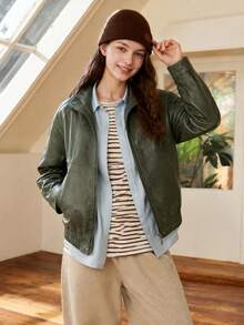 Whitmere Men's Jacket, Urban Casual Classic Grunge, Leather, Relaxed Fit, Autumn Winter - Green - View 4