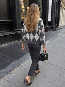 Senya 2026 Women's Argyle Knit Cardigan, Grey Diamond Pattern Button Up Sweater, Preppy Old Money Quiet Luxury Chic Fall Fashion Long Sleeve Top - Grey - View 4