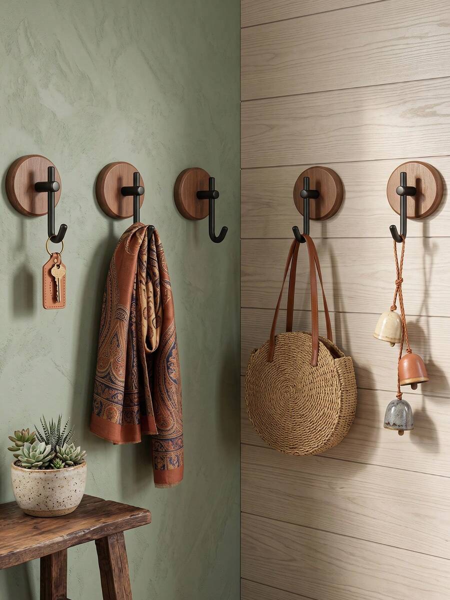 Wood Base Kitchen Wall Hooks, Clear And Organize Cooking Supplies, Used For Hanging Kitchen Towels, Heat-Resistant, Pot Holders And Cooking Utensils. No-Drill Mounting,Ideal For Kitchen Backsplash, Bringing Neat Storage To Your Cooking Space. - Multicolor - View 1