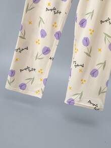 2pcs/Set Women's Pure Cotton Pajama Set, Long Sleeve Top And Pants, Casual Tulip Print Loungewear Set - Multicolor - View 10