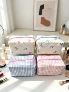 6/1pc Bow Quilted Makeup Bag, Mini Cosmetic Bag, Women's Simple Zipper Travel Bag, Lipstick Storage Pouch, Portable Travel Toiletry Organizer, Multi-Functional Storage Bag, Suitable For Home Storage, Outdoor Travel, Beach Vacation - Multicolor - View 6