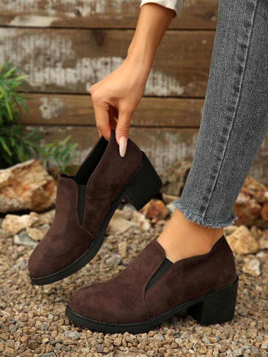 Deep Cut Chunky High Heel Women's Slip-On Shoes With Side Elastic Band Design, Minimalist Daily Commute Women's Shoes
