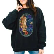 Celestial Sun Moon Goddess Pattern Sweatshirt,Floral Zodiac Pattern Round Neck Style.Women's Autumn Clothing - Black - View 1