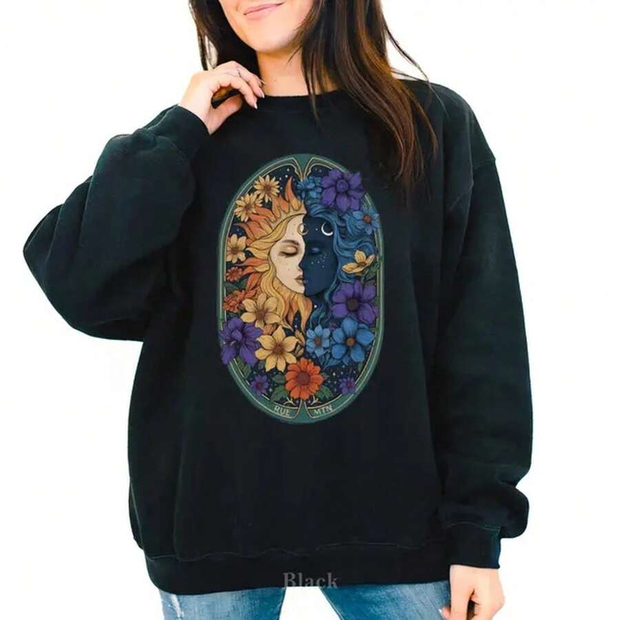Celestial Sun Moon Goddess Pattern Sweatshirt,Floral Zodiac Pattern Round Neck Style.Women's Autumn Clothing - Black - View 1