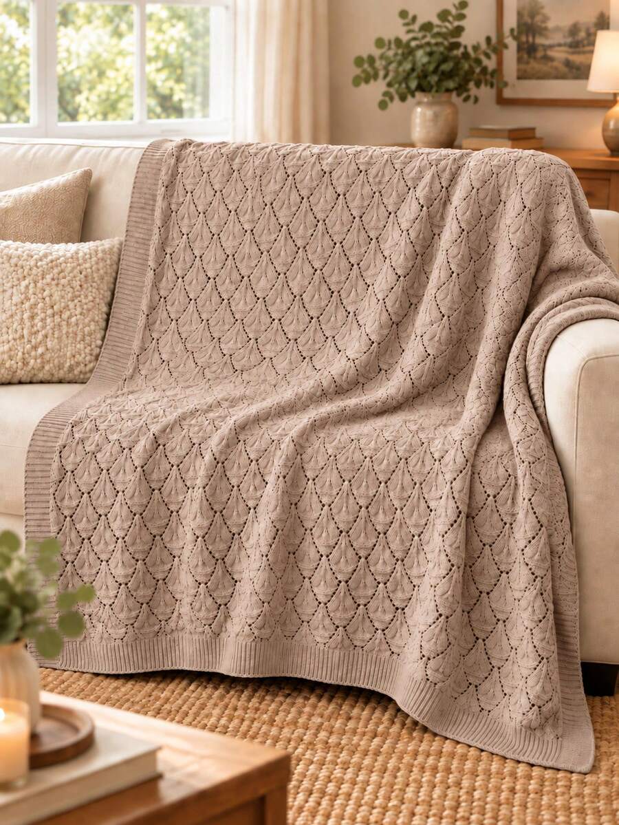 1pc Breathable Hollow Knit Throw Blanket, Soft Skin-Friendly Sofa Blanket, Bedroom Bed Throw, Suitable For All Seasons - Khaki Grey - View 1