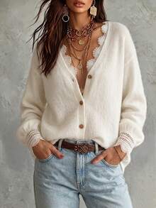 Women's Casual Cute French Style Single-Breasted Contrast Color Lace Long Sleeve Knit Cardigan Top, Autumn/Winter - White - View 3