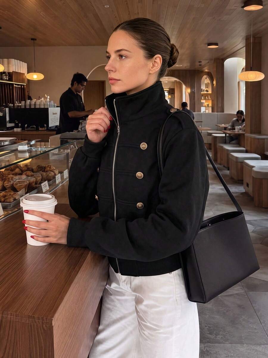 Autumn/Winter Solid Color Metal Buckle Epaulette Stand Collar Long Sleeve Cropped Slim Fit Utility Jacket, Daily Commute Vintage Outerwear Autumn Fashion - Black - View 1