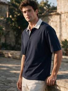 Men's Summer Contrast Collar Special Style Short Sleeve Shirt, Loose Button Front Design, Suitable For Casual, Business And Daily Wear - Navy Blue - View 1