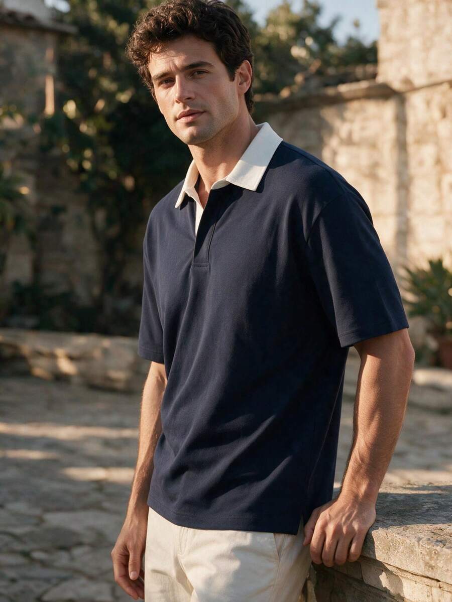 Men's Summer Contrast Collar Special Style Short Sleeve Shirt, Loose Button Front Design, Suitable For Casual, Business And Daily Wear - Navy Blue - View 1
