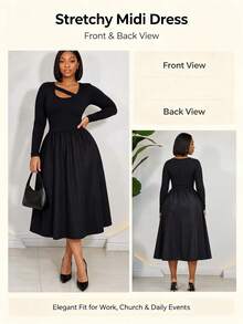NOU Women'sMid-Length Dress, Cross-Neck, Slim-Fit, Long Sleeve, Patchwork, Lightweight Breathable Fabric, Oversized A-Line Silhouette, Comfortable Fit - Black - View 8