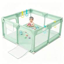Corral para bebé 120x120 cm, centro de actividades para niños, parque infantil con malla suave y transpirable, uso interior y exterior, estructura resistente - Verde - Ver 8