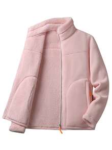 Autumn/Winter Thickened Warm Coral Fleece Jacket, Outdoor Sports Running Workout Fleece Jacket, Stand Collar Polar Fleece Jacket - Pink - View 4