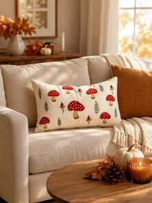 1/2/4Pcs 2D Flat Printed Mushroom Pillow Cover, Autumn Maple Leaf Throw Cushion Case, Non Real Embroidered Cottagecore Fall Decor, Vintage Faux Linen Lumbar Square - Multicolor - View 4