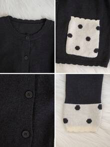 Women's Black & White Polka Dot Patchwork Knit Cardigan Sweater, Thick Autumn/Winter New Style, Round Neck, Single-Breasted, Contrast Color Pockets, Long Sleeve, Small Jacket - Black - View 10