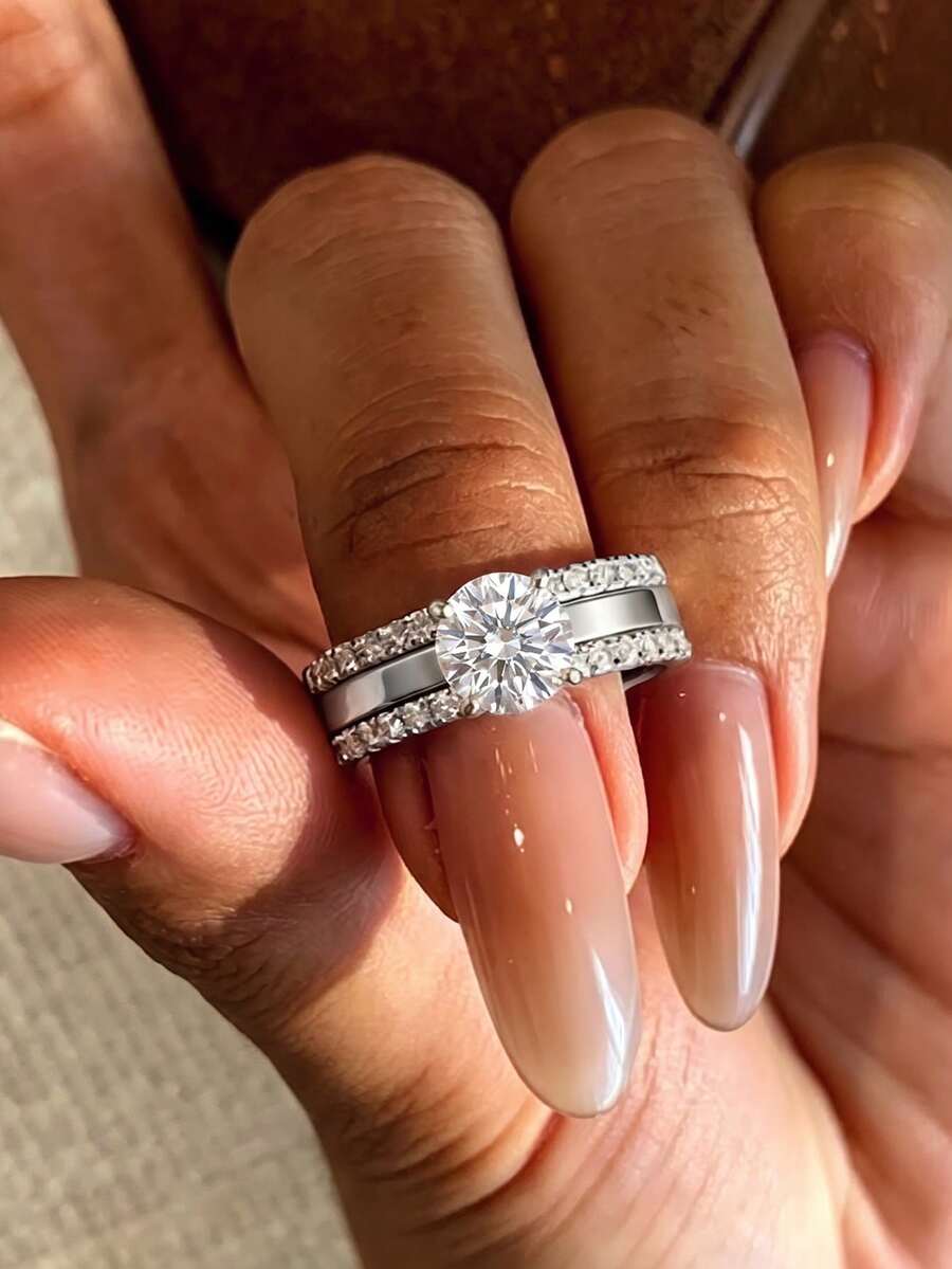 rakol 3件組古銅色橢圓形CZ可疊戴戒指套組,女款戒指珠寶,婚戒,適合婚禮、訂婚與情人節送禮 - 銀色 - 查看 1