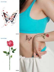 2 Buah Stiker Tato Sementara Tahan Air Motif Kupu-kupu dan Mawar Kreatif Warna-warni untuk Hadiah Liburan, Pesta Festival Musik, DIY, Lengan, Pinggang, Perut, Punggung, dan Badan - MultiWarna - View 1