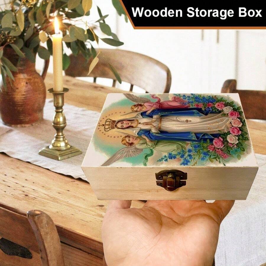 1pc Handmade Wooden Storage Box, Gift Storage Box With Angel Illustration, Prayer Box, Small Keepsake Organizer Box, Suitable For Jewelry, Accessories, Souvenirs, Religious Home Decor - Multicolor - View 1