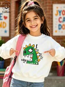 Kids' Loose Pullover Hoodie: Cute Green Dinosaur Print With Yellow Spikes & Fun Text, Soft Comfortable Long Sleeve Round Neck - White - View 2