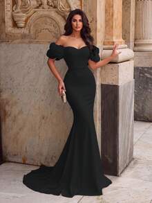 Elegant Cold Shoulder Mermaid Long Dress, Ruched Satin Tail, Fitted Style, Suitable For Photos, Beach Vacation, Resort, Evening Party And Formal Occasions - Black - View 6
