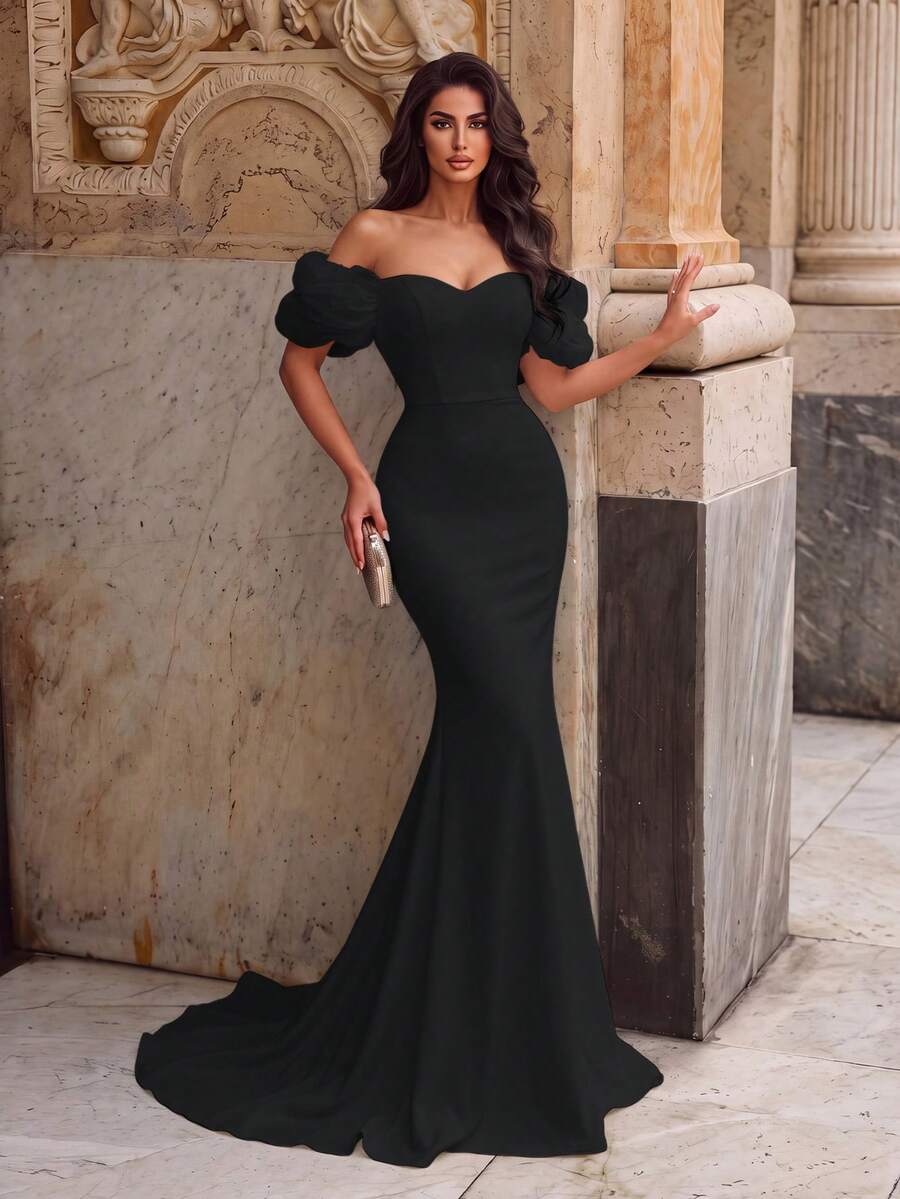 Elegant Open Shoulder Mermaid Maxi Gown Ruched Satin Train Slim Fit For Photoshoot Beach Vacation Resort Evening And Formal Event - Black - View 1