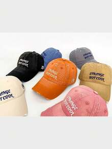 1pc Strange But Cool Letter Embroidered Baseball Cap, Unisex Couple Matching, Distressed Ripped Soft Top Hat, Wide Brim Baseball Cap For Large Face, Versatile Deep Crown Curved Brim Hat - Multicolor - View 2