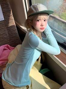 Women's Light Blue Knitted Long Sleeve Top, Round Neck Design, Unique Front Detail, Suitable For Daily Wear Summer - Mint Green - View 2