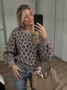 1pc Women's Leopard Print Crew Neck Knit Sweater, Vintage Punk Loose Pullover, Suitable For Street Weekend Outings - Grey - View 1