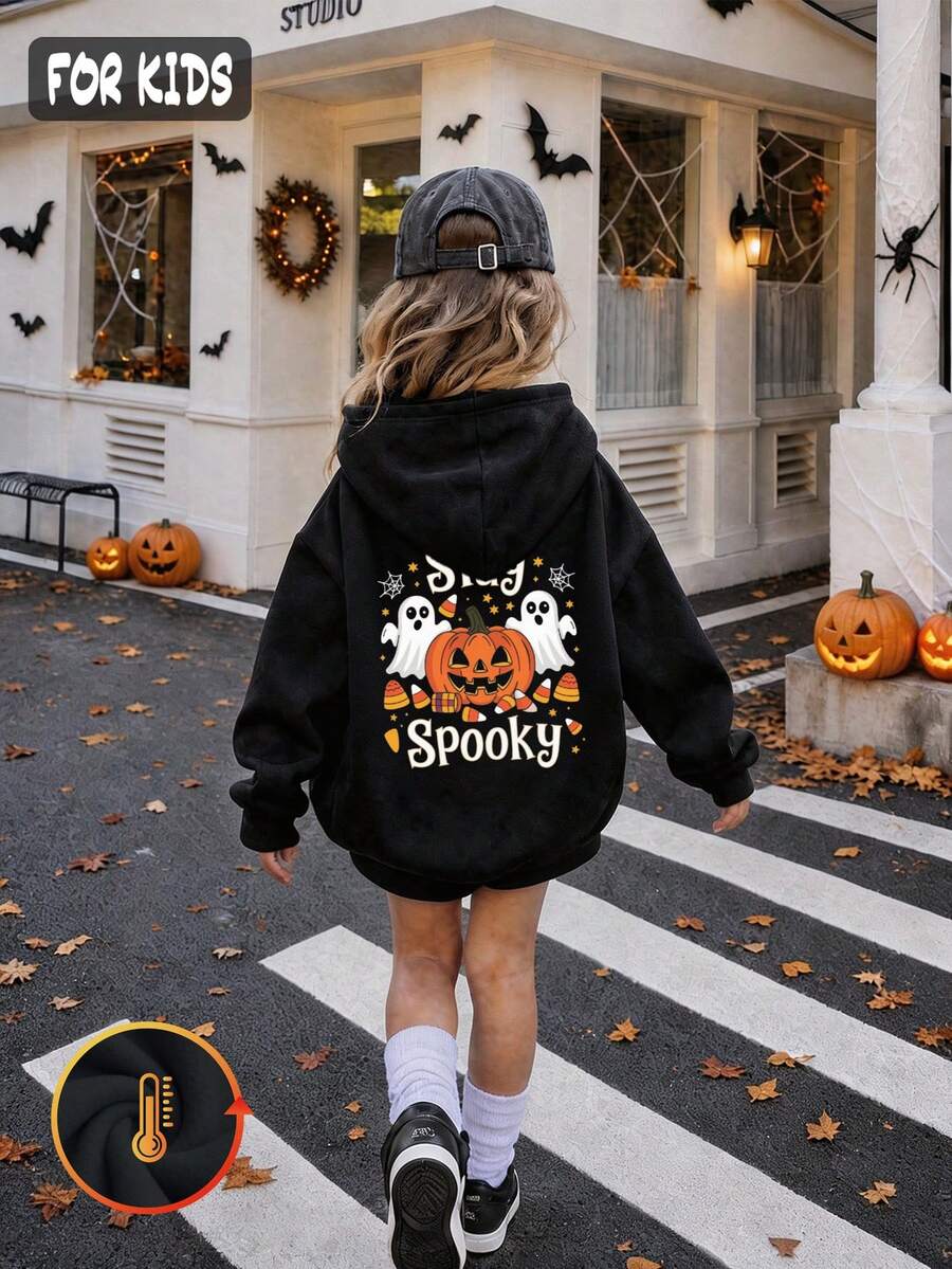 Halloween Autumn Winter Girls' Hooded Fleece Sweatshirt With Pumpkin, Ghost, Candy Print And "Stay Spooky" Text, - Black - View 1