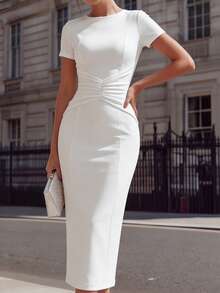 DONICY Women's Pure White Pleated Midi Dress, Elegant Round Neck Short Sleeve Bodycon Dress With Slit Design, Suitable For Summer, Spring, Autumn Evening Wear - White - View 9
