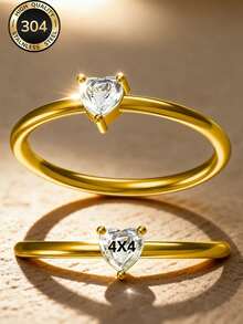 5pcs/Set 304 Stainless Steel Gold Tone Band Rings Heart Zirconia & White Enamel Stacking Rings Waterproof Jewelry - Gold - View 3