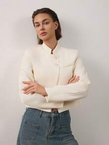 Women's Minimalist Stand Collar Asymmetric Short Blazer Jacket Autumn - Beige - View 6
